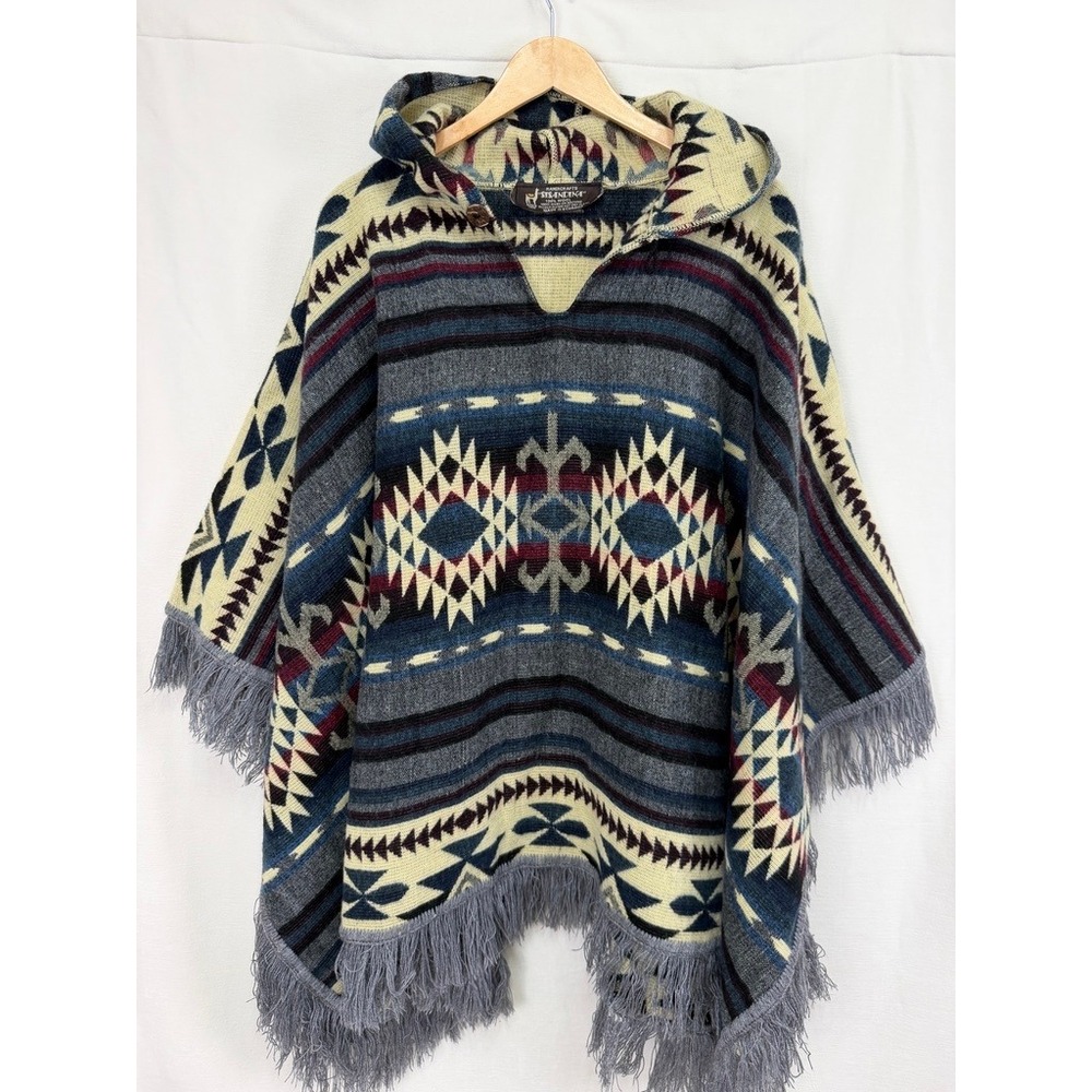 Vintage SISANDINA 100% Wool Hooded Poncho Southwestern Fringe Made in Ecuador OS